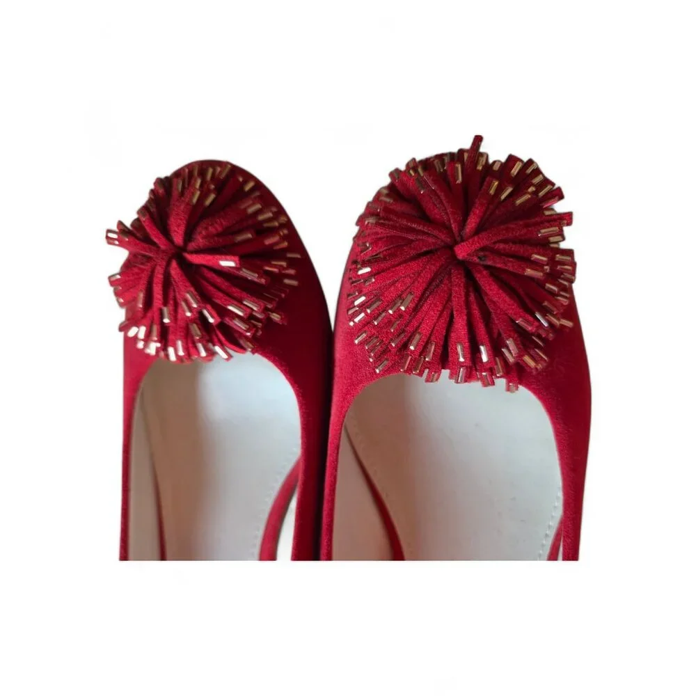 NWOB Anne Klein Red Suede Cocktail Heels - Gold Metallic Trim & Pom-Pom - Picture 3 of 5
